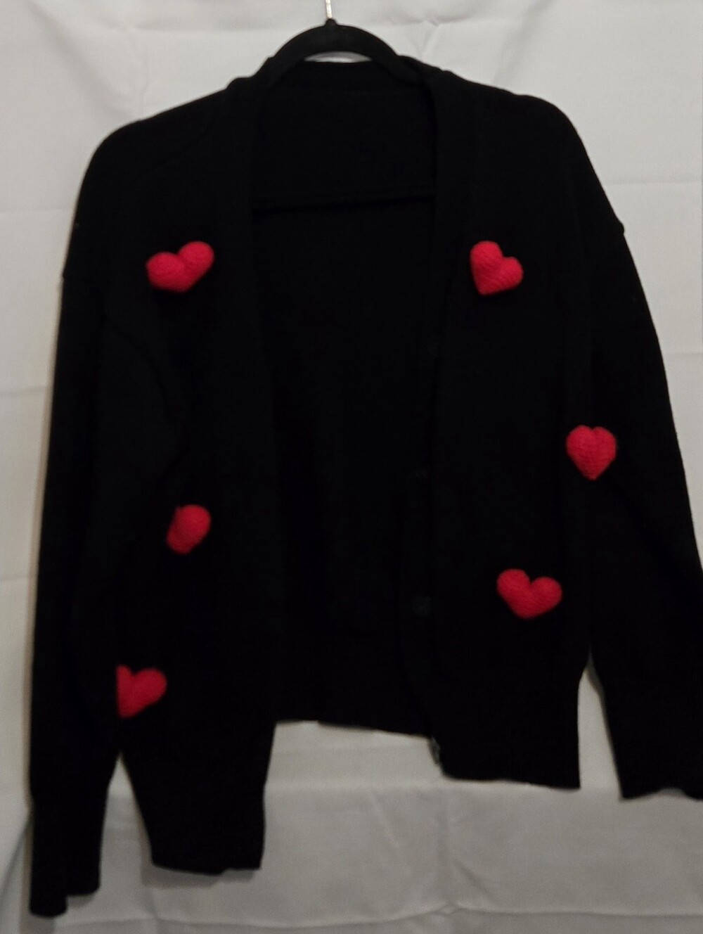Cider Black Cardigan with Red Heart Appliqués